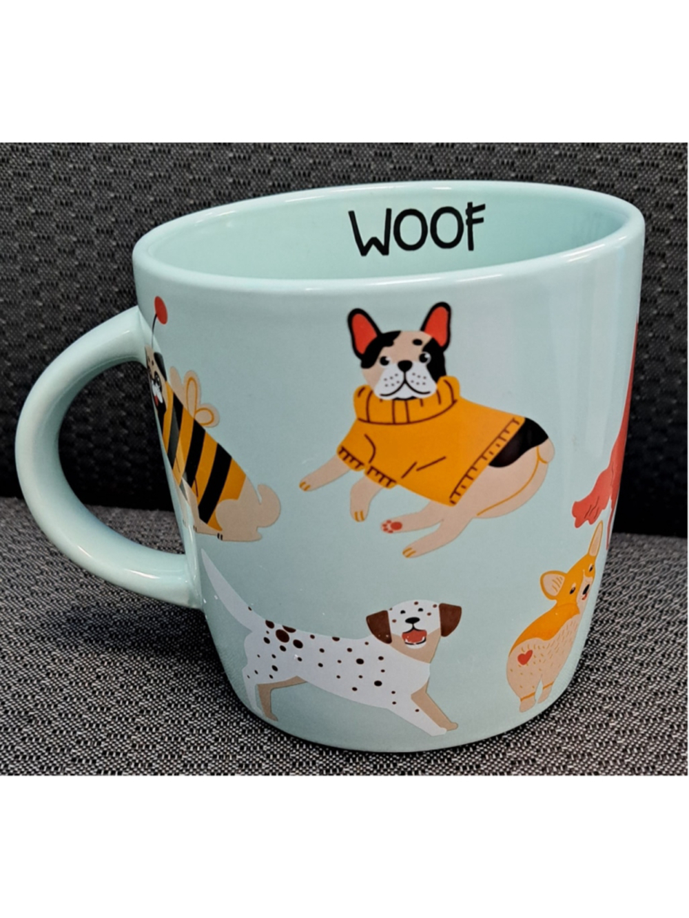 Room 2 Room WOOF Blue Coffee Mug DOGS IN COSTUMES Puppys Wagging Tails Dog Lover